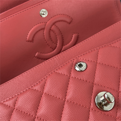 Cha.nel Small Classic Flap Bag Grained Calfskin Silver Tone Metal Red 01117 (Flap Edge Stitch)