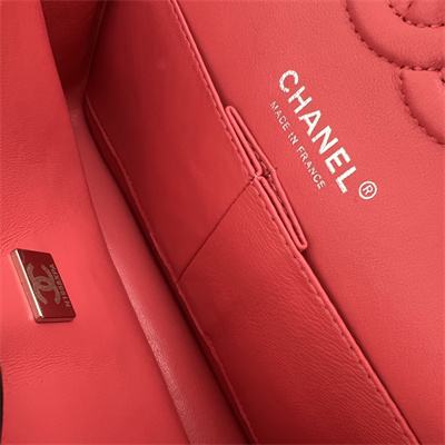 Cha.nel Small Classic Flap Bag Grained Calfskin Silver Tone Metal Red 01117 (Flap Edge Stitch)