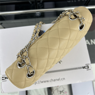 Cha.nel Small Classic Flap Bag Grained Calfskin Silver Tone Metal Beige 01117 (Flap Edge Stitch)