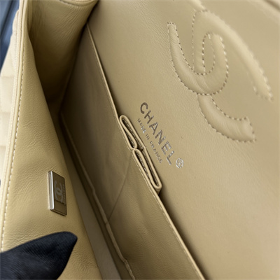 Cha.nel Small Classic Flap Bag Grained Calfskin Silver Tone Metal Beige 01117 (Flap Edge Stitch)