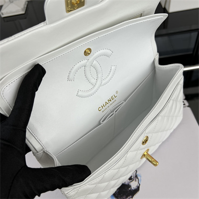 Cha.nel Small Classic Flap Bag Lambskin Gold Tone Metal White 01117