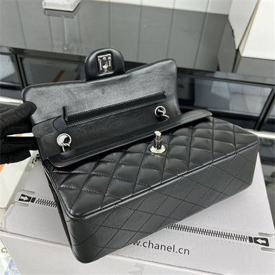 Cha.nel Small Classic Flap Bag Lambskin Silver Tone Metal Black 01117