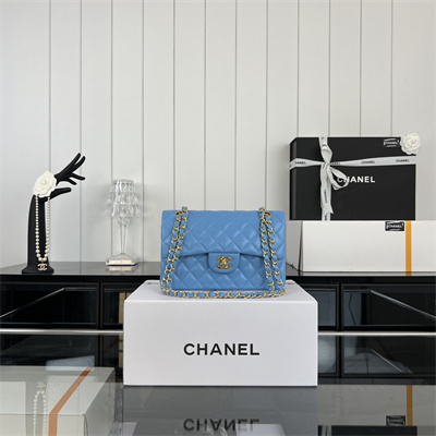 Cha.nel Small Classic Flap Bag Lambskin Gold Tone Metal Blue 01117