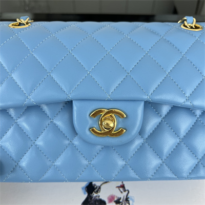 Cha.nel Small Classic Flap Bag Lambskin Gold Tone Metal Blue 01117