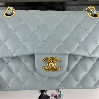 Cha.nel Small Classic Flap Bag Lambskin Gold Tone Metal Lt Blue 01117