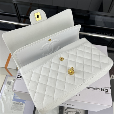 Cha.nel Medium Classic Flap Bag Grained Calfskin Gold Tone Metal White 01112