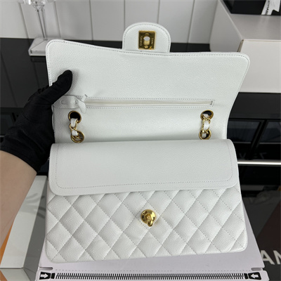 Cha.nel Medium Classic Flap Bag Grained Calfskin Gold Tone Metal White 01112 (Flap Edge Stitch)