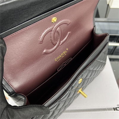 Cha.nel Medium Classic Flap Bag Grained Calfskin Gold Tone Metal Black 01112