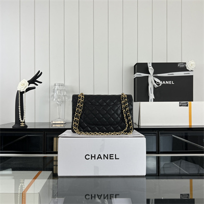 Cha.nel Medium Classic Flap Bag Grained Calfskin Gold Tone Metal Black 01112(Flap Edge Stitch)