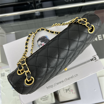 Cha.nel Medium Classic Flap Bag Grained Calfskin Gold Tone Metal Black 01112(Flap Edge Stitch)
