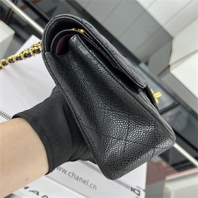 Cha.nel Medium Classic Flap Bag Grained Calfskin Gold Tone Metal Black 01112(Flap Edge Stitch)