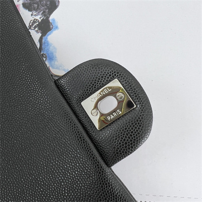 Cha.nel Medium Classic Flap Bag Grained Calfskin Silver Tone Metal Black 01112
