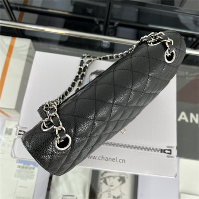 Cha.nel Medium Classic Flap Bag Grained Calfskin Silver Tone Metal Black 01112 (Flap Edge Stitch)
