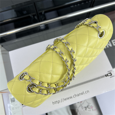 Cha.nel Medium Classic Flap Bag Grained Calfskin Silver Tone Metal Yellow 01112