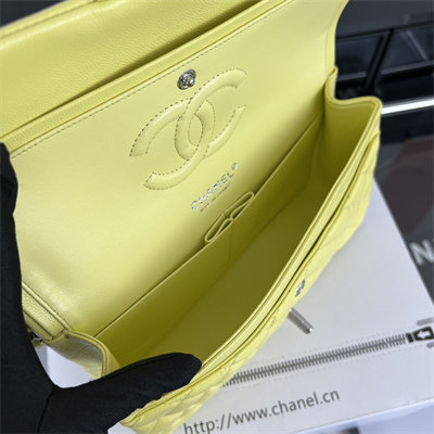Cha.nel Medium Classic Flap Bag Grained Calfskin Silver Tone Metal Yellow 01112