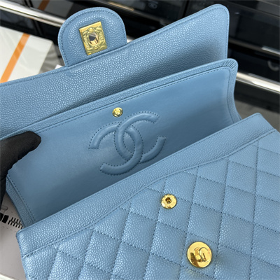 Cha.nel Medium Classic Flap Bag Grained Calfskin Gold Tone Metal Blue 01112 (Flap Edge Stitch)
