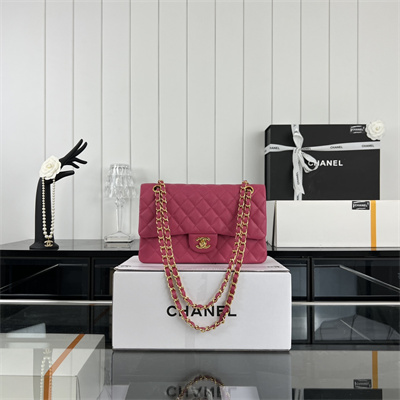 Cha.nel Medium Classic Flap Bag Grained Calfskin Gold Tone Metal Fuchsia 01112