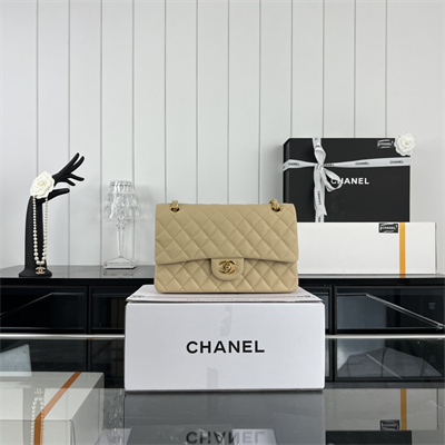Cha.nel Medium Classic Flap Bag Grained Calfskin Gold Tone Metal Beige 01112