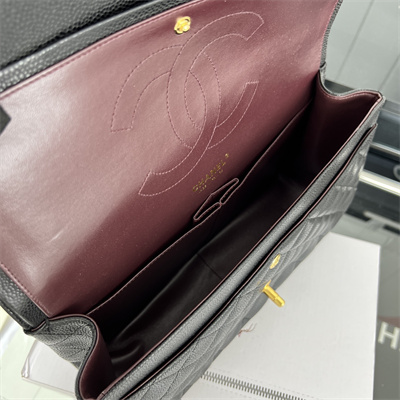 Cha.nel Large Classic Flap Bag Grained Calfskin Gold Tone Metal Black 58600(Flap Edge Stitch)