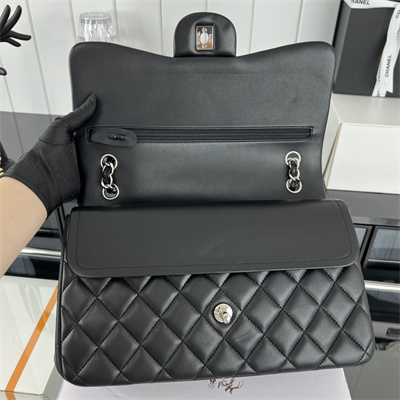 Cha.nel Large Classic Flap Bag Lambskin Silver Tone Metal Black 58600