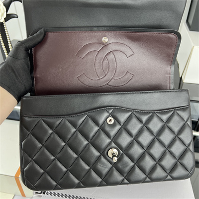 Cha.nel Large Classic Flap Bag Lambskin Silver Tone Metal Black 58600
