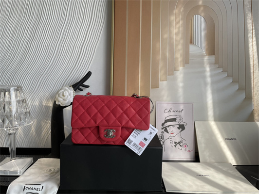 Cha.nel Mini Classic Flap Bag Grained Calfskin Silver Tone Metal Red 01116