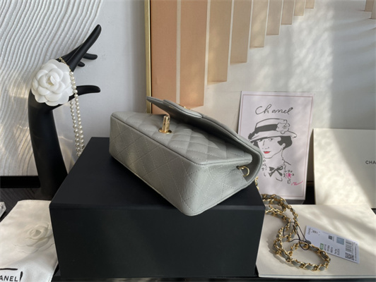 Cha.nel Mini Classic Flap Bag Grained Calfskin Gold Tone Metal Grey 01116