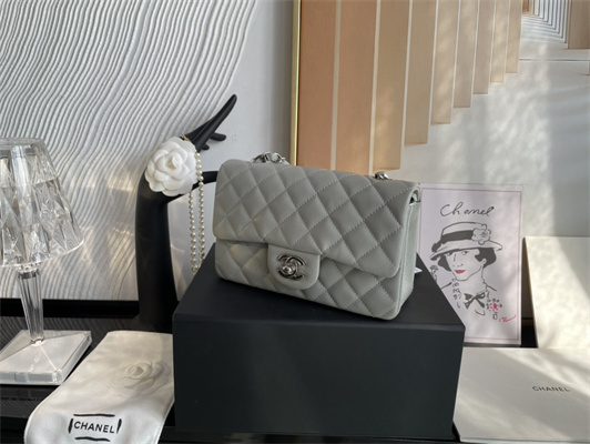 Cha.nel Mini Classic Flap Bag Grained Calfskin Silver Tone Metal Grey 01116