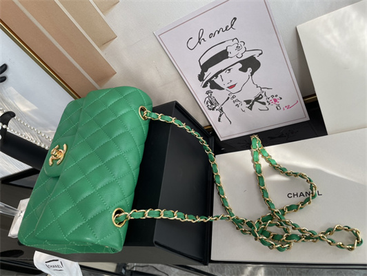 Cha.nel Mini Classic Flap Bag Grained Calfskin Gold Tone Metal Green 01116