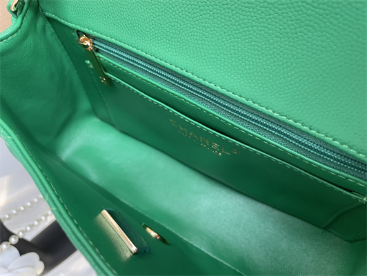 Cha.nel Mini Classic Flap Bag Grained Calfskin Gold Tone Metal Green 01116