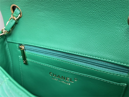 Cha.nel Mini Classic Flap Bag Grained Calfskin Gold Tone Metal Green 01116