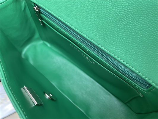 Cha.nel Mini Classic Flap Bag Grained Calfskin Silver Tone Metal Green 01116