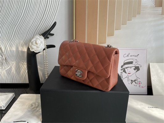 Cha.nel Mini Classic Flap Bag Grained Calfskin Silver Tone Metal Caramel 01116