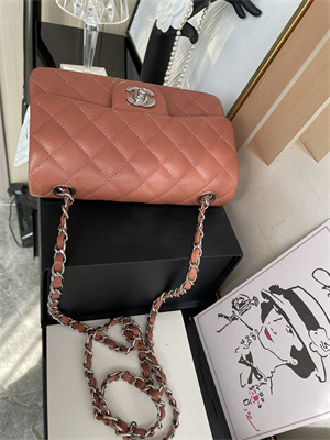 Cha.nel Mini Classic Flap Bag Grained Calfskin Silver Tone Metal Caramel 01116