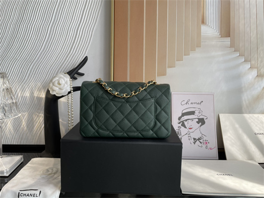 Cha.nel Mini Classic Flap Bag Grained Calfskin Gold Tone Metal Dk Green 01116