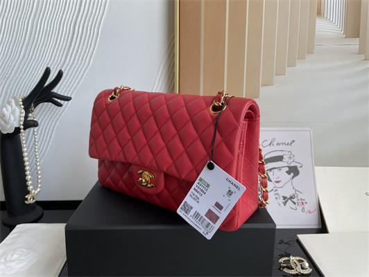 Cha.nel Medium Classic Flap Bag Grained Calfskin Gold Tone Metal Red 01112