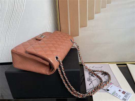 Cha.nel Medium Classic Flap Bag Grained Calfskin Silver Tone Metal Caramel 01112