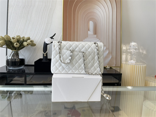 Cha.nel Medium Classic Flap Bag Lambskin Silver Tone Metal White 01112