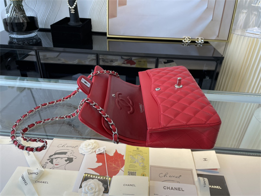 Cha.nel Medium Classic Flap Bag Lambskin Silver Tone Metal Red 01112