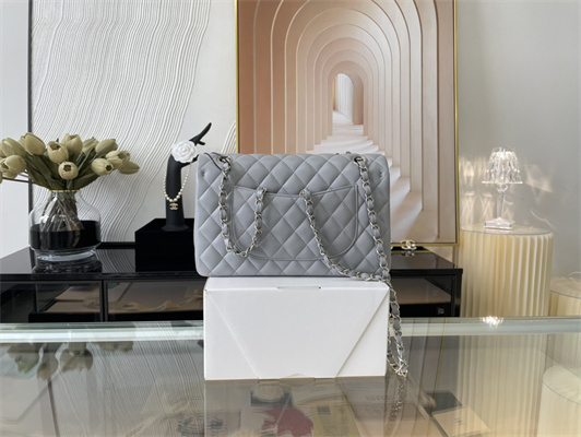 Cha.nel Medium Classic Flap Bag Lambskin Silver Tone Metal Lt Blue 01112