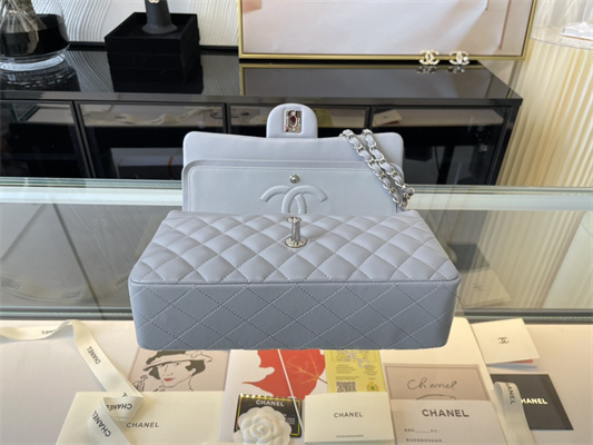 Cha.nel Medium Classic Flap Bag Lambskin Silver Tone Metal Lt Blue 01112