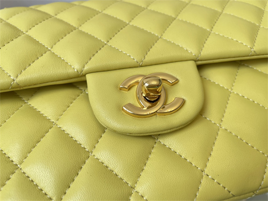 Cha.nel Medium Classic Flap Bag Lambskin Gold Tone Metal Yellow 01112