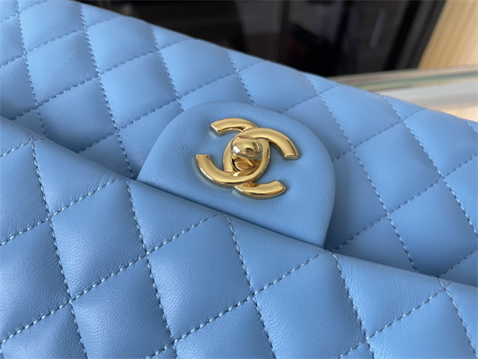 Cha.nel Medium Classic Flap Bag Lambskin Gold Tone Metal Blue 01112