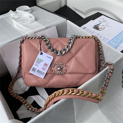 Cha.nel 19 Handbag Lambskin Silver Double C Metal Pink AS1160