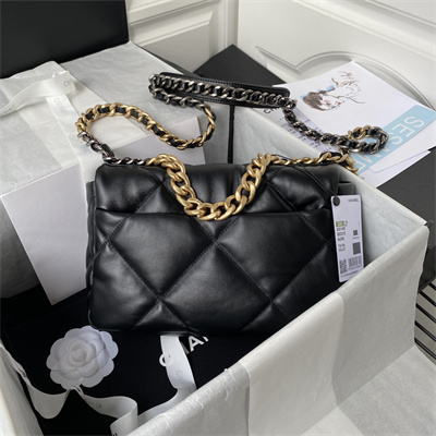 Cha.nel 19 Handbag Lambskin Gold Double C Metal Black AS1160
