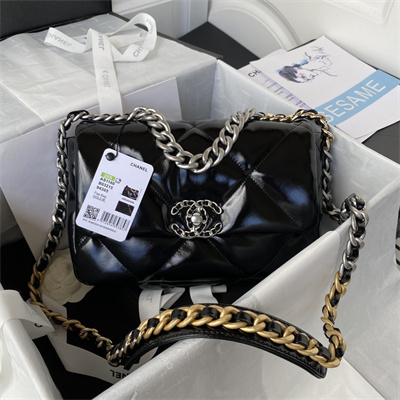 Cha.nel 19 Handbag Shiny Aged Calfskin Silver Double C Metal Black AS1160