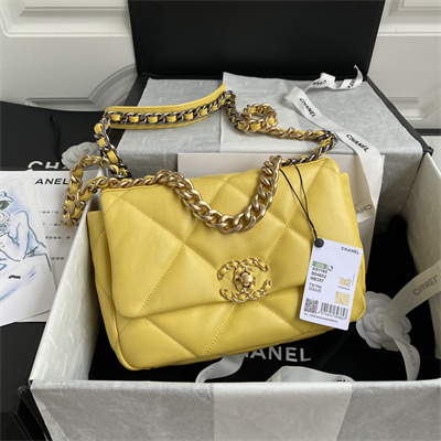 Cha.nel 19 Handbag Lambskin Gold Double C Metal Yellow AS1160