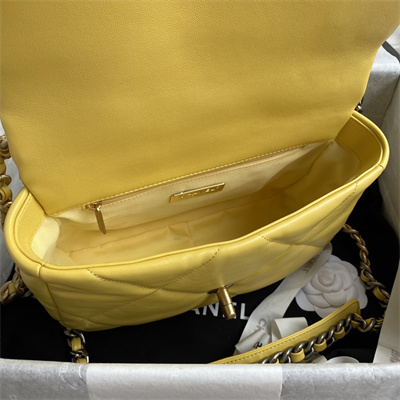 Cha.nel 19 Handbag Lambskin Gold Double C Metal Yellow AS1160