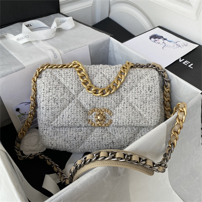 Chanel 19 Handbag Wool Tweed Gold Double C Metal Lt Grey AS1160
