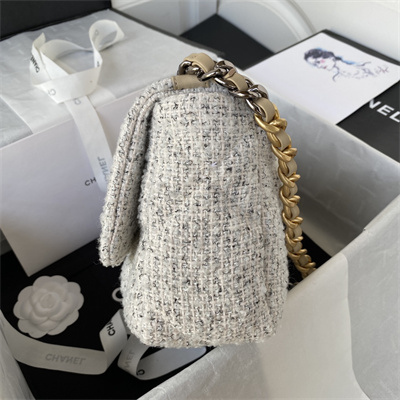 Chanel 19 Handbag Wool Tweed Gold Double C Metal Lt Grey AS1160